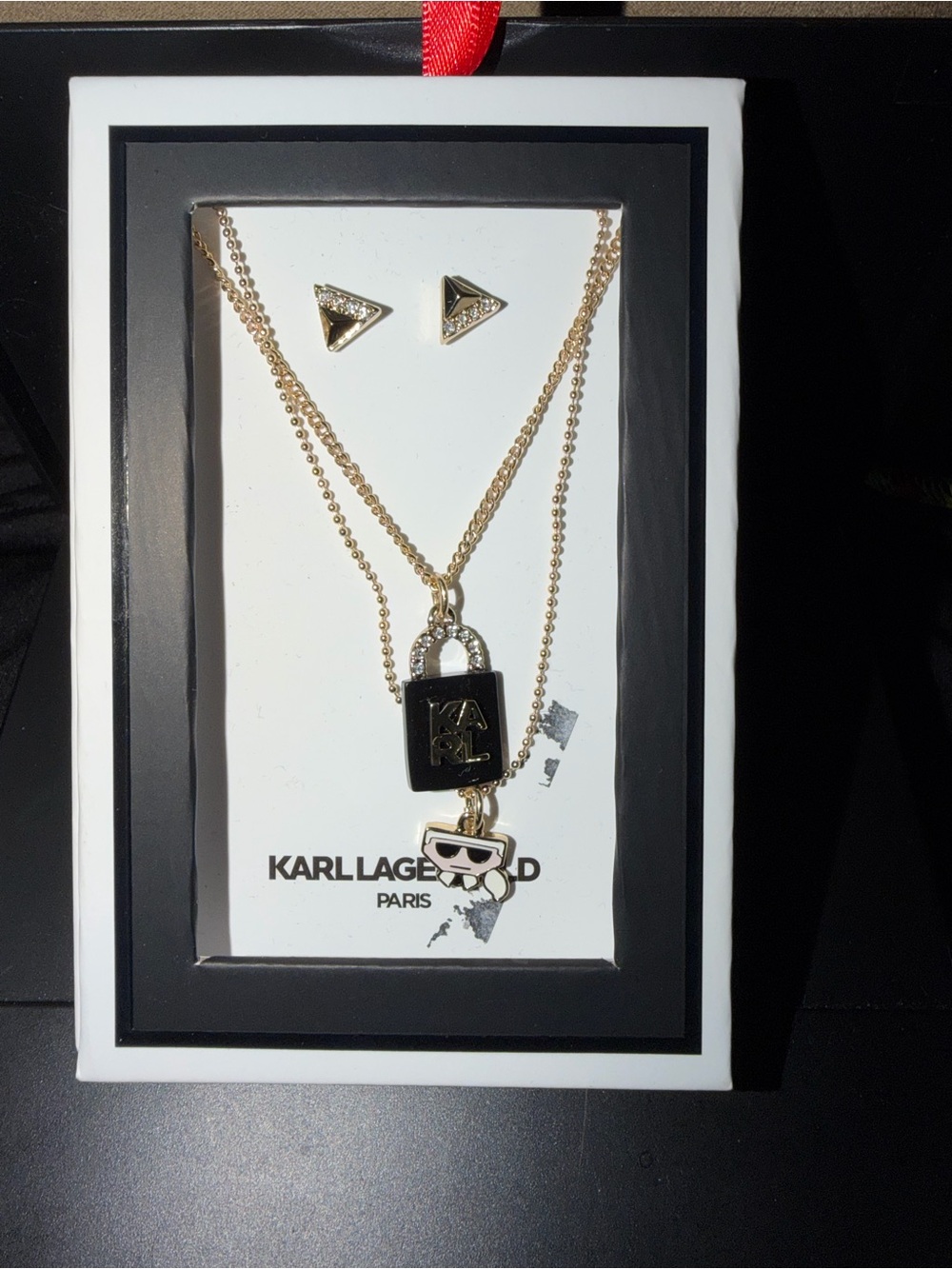 Karl Lagerfeld Gold Tone Padlock & Charm Layered Necklace Set